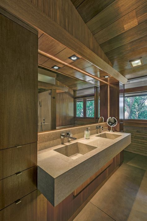 Frank Lloyd Wright’s Rarely Seen Fredrick House Is Deftly Restored - Dwell....floating sink with storage on the side Frank Lloyd Wright Bathroom, Fictional Places, Frank Lloyd Wright Style, Interesting Houses, Floating Sink, Wall Mount Sinks, Stone Counters, Wall Mount Sink, Modern Sink