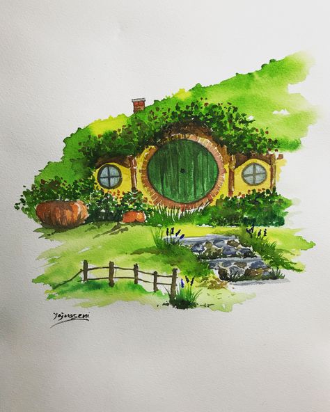 Casa Hobbit, House Watercolor, Hobbit Art, Lotr Art, Hobbit House, House Drawing, Arte Sketchbook, Cool Art Drawings, Lord Of The Rings