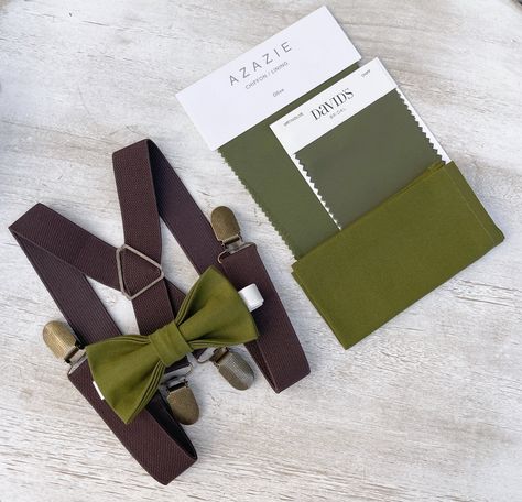 "Your special guy will look so handsome when he shows up in his Olive Green bow tie , x - shape rustic coffee brown suspenders and cotton pocket square ! A great set for groomsman, best man or ring bearers! This bow tie & suspenders set is a great choice for family photos, wedding, ring bearer outfit, birthday celebration or any other special occasion. Please contact us about FREE COLOR SAMPLES ! Pocket Square : SIZE : 9.5\" X 9.5\" Made out of 100% cotton fabric . Each bow tie comes pre-tied an Olive Green Bow Tie, Wedding Ring Bearer Outfit, Ring Bearer Boy, Ring Bearer Gift, Brown Suspenders, Groom Ring, Ring Bearer Gifts, Green Bow Tie, Outfit Birthday