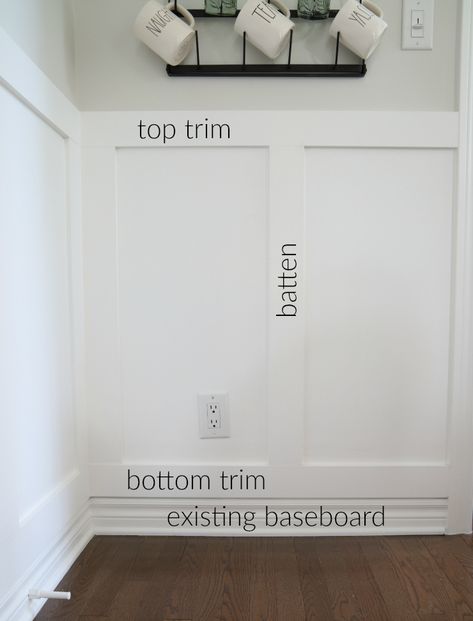 how to install faux board and batten - Willow Bloom Home Faux Board And Batten, Board And Batten Hallway, Removing Baseboards, Baseboard Styles, Installing Wainscoting, Millwork Wall, Add Character To Your Home, Board And Batten Wall, Home On A Budget