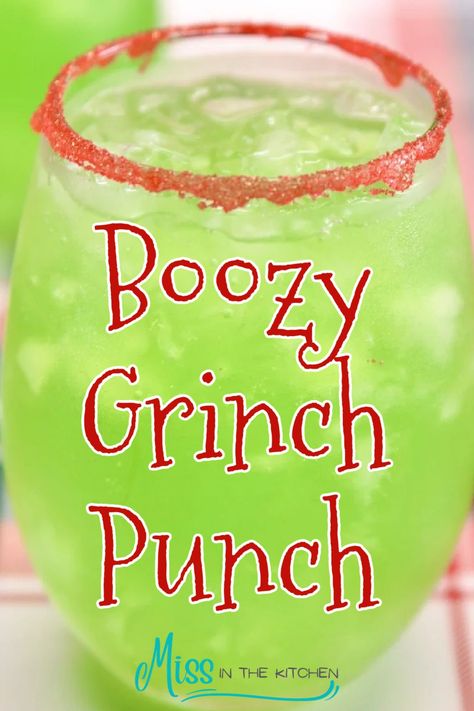 Grinch Punch is a fun party drink for Christmas made with vodka for the adults or without for the kids. A festive lemon-lime punch served up with a red sugared rim. Christmas Party Drinks For A Crowd, Grinch Punch Alcohol, Large Batch Christmas Cocktails, Christmas Alcoholic Drinks Recipes, Grinch Drink, Grinch Punch, Drinks Christmas, Holiday Drinks Alcohol, Xmas Drinks