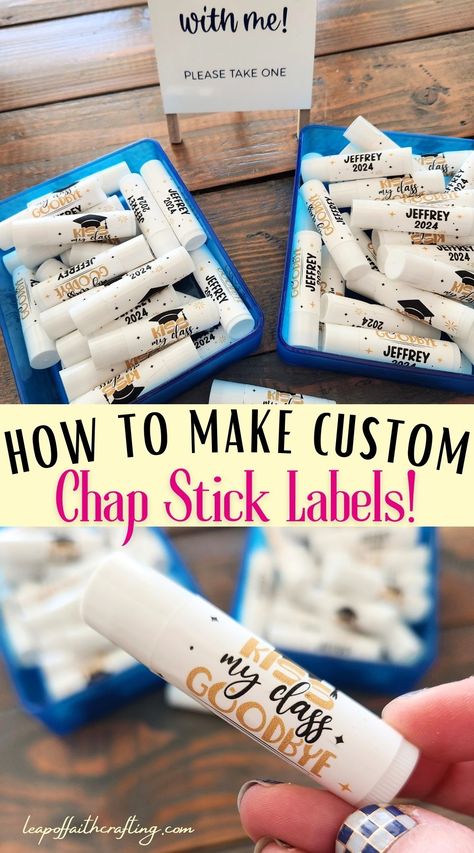 Since I was making these personalized chapstick as a party favor for a gradation party, I thought I'd make a quick video to show you how. I am using my Cricut Explore 3 to cut printable vinyl and Cricut Design Space to design the lip balm labels. Easy and inexpensive custom party favor!! Chapstick Labels Printable Free, Diy Chapstick Labels, Cricut Party Favors, Custom Chapstick, Diy Chapstick, Personalized Chapstick, Chapstick Gift, Lip Balm Labels Template, Chapstick Labels