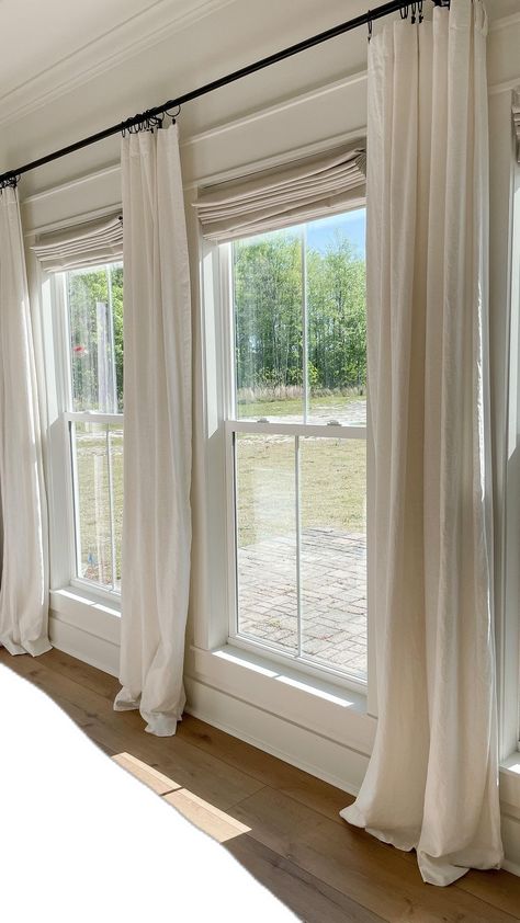 House Of Keene, Curtain For Three Windows, Curtains Wall Of Windows, Curtains Between Windows, Cozy Window Treatments, Curtains For Side By Side Windows, Two Window Curtain Ideas, Curtains Picture Window, Curtains In Sunroom