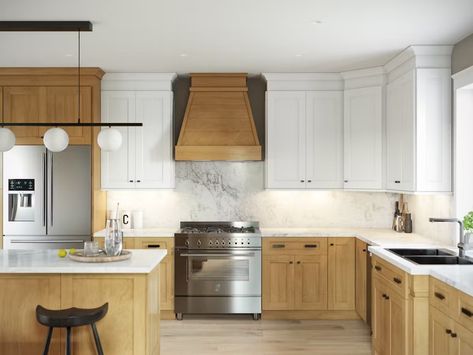 Top 9 Kitchen Cabinet Color Trends for 2024 | Fabuwood Natural Wood Kitchen Cabinets, White Upper Cabinets, Kitchen Color Trends, Two Tone Kitchen Cabinets, Natural Wood Kitchen, Kitchen Cabinet Trends, Timber Kitchen, Light Wood Cabinets, Two Tone Kitchen