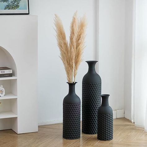 Metal Floor Standing Vase Set of 3 Modern Honeycomb Texture Big Standing Vase for Living Room Dining Bedroom Home Corner Hallway Indoor Office Modern Corner Decor, Corner Floor Decor, Large Vase With Pampas, Decorative Vases Living Room, Black Floor Vase Decor, Tall Floor Decor, Large Faux Plants Living Room, Decor For Corner Of Living Room, Floor Vase Decorating Ideas Living Room