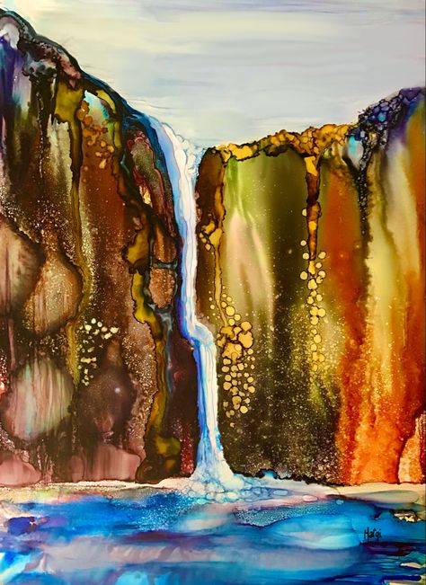 Alcohol Ink Animal Art, Watercolor On Yupo Paper Abstract, Alcohol Ink On Yupo Paper, Alcohol Ink Landscapes Tutorial, Alcohol Ink Landscape, Ink And Wash Watercolors, Yupo Paper Art, Alcohol Ink Glass, Waterfall Paintings