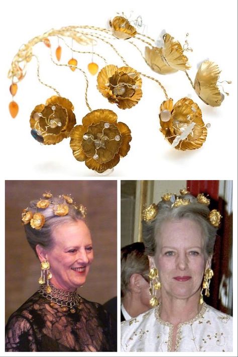 Golden Poppies, Golden Tiara, Royal Crown Jewels, Floral Tiara, Queen Margrethe Ii, Royal Tiaras, Vintage Hair Combs, Back Of The Head, European Royalty