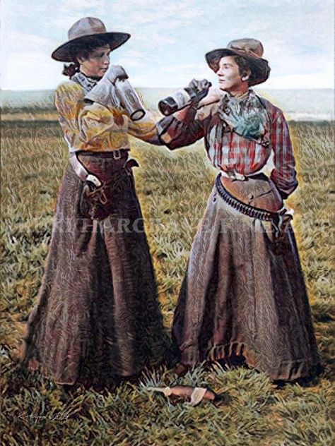 Two Cowgirls from the 1920's are seen in working Rodeo attire while taking a break and having some fun with a drinking contest. A finished bottle is seen on the ground. While their urban counterparts were restricted to more straight-laced female roles in the late 1800's and early 1900's, women of the American Frontier were roping and riding broncs-- and partaking of adult beverages! This beautiful print is from a mixed-media painting by artist Kuki Hargrave, and is based upon an old photograph of actual Cowgirls in the 1920's.  Subtle colors and old-school rendering capture the back-in-time appeal of these dauntless Women of the West! Title: "On Your Mark..."  Signed and studio stamped by the artist. The handsome photographic print is on premium Epson quality 68 # acid free photo paper, re 1800 Western Outfits Women, 1800s Wild West Fashion, 1800 Cowboy, Rancher Outfits, Western Apocalypse, Old Western Aesthetic, Old Western Outfits Women, Cowgirl Oc, Old West Fashion