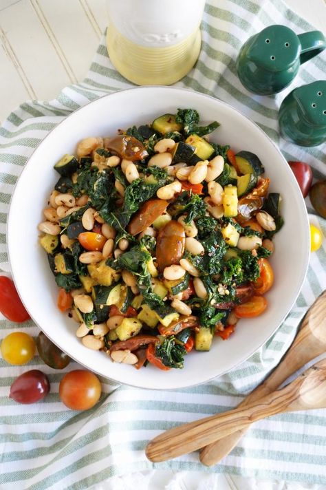 Tuscan cannellini bean skillet | The Baking Fairy Cannellini Beans Recipes, Roasted Veggie Salad, Seasonal Veggies, Cannellini Bean, Protein Salad, Vegetarian Sides, Vegetarian Side Dishes, Kale Recipes, Vegetarian Entrees