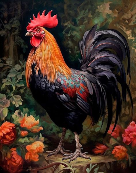 Victorian Farmhouse Interior, Country Cottage Core, Orchid Illustration, Rooster Illustration, Rooster Painting, Art Nouveau Decor, Chicken Painting, Rooster Art, The Barnyard