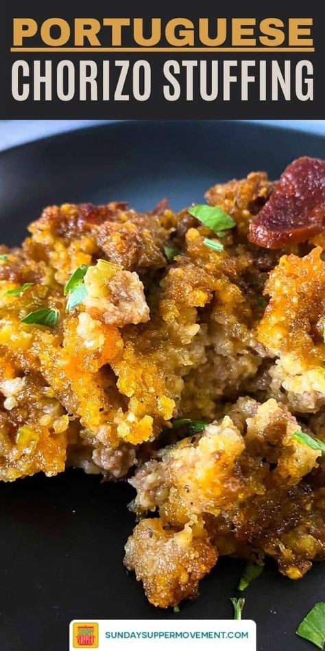 Portuguese Turkey Recipe, Portuguese Stuffing Recipes, Portuguese Stuffing Thanksgiving, Chorizo Cornbread Stuffing, Chorizo Stuffing Thanksgiving, Stuffing Recipes Cornbread, International Thanksgiving Recipes, Portuguese Side Dishes, Portuguese Recipes Traditional