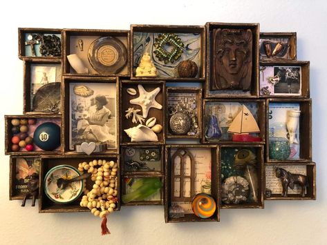 Genealogy Art, Assemblage Art Collage, Mixed Media Boxes, Object Art, Matchbox Art, Shadow Box Art, Interior Design Elements, Found Object Art, Junk Art