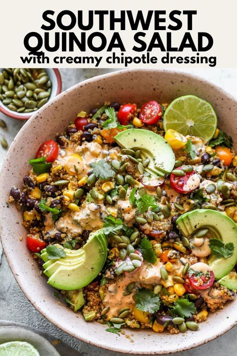 Salad Recipes Vegetarian, Creamy Chipotle Dressing, Healthy Quinoa Salad, Southwest Quinoa, Southwest Quinoa Salad, Chipotle Dressing, Southwest Salad, Quinoa Healthy, Vegetarian Salads