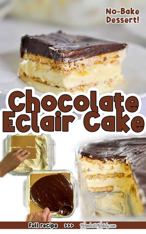 This no bake chocolate eclair cake recipe combines chocolate ganache, graham crackers, and vanilla pudding for an easy and classic dessert! Great for a summer potluck. No Bake Chocolate Eclair Cake, No Bake Chocolate Eclair, Eclair Cake Recipe, Chocolate Eclair Dessert, Eclair Cake Recipes, Quick And Easy Sweet Treats, Instant Pot Freezer Meals, Chocolate Eclair Cake, Summer Potluck