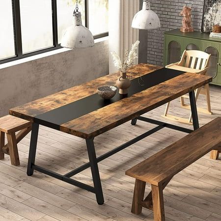 [LARGE LONG DINING TABLE]: Overall size: 70.87"L x 33.46"W x 29.92"H. Such a large dining table can comfortably seat 6-8 people. The desktop is spacious enough and easily accommodates your big family or friends to have a happy and comfortable dining experience. [STURDY STRUCTURE]: Made of a 1.97 thick particle board with a 1.57 x 1.57 heavy-duty metal frame, this rectangle kitchen table is super stable and sturdy. With a waterproof melamine finish, making the surface is scratch resistant, and ea Dining Table For 8 People, Table For 8 People, Dining Table For 8, Long Dining Room Tables, Rectangle Kitchen Table, Wood Kitchen Table, Grande Table A Manger, Kitchen Table Wood, Dining Room Style