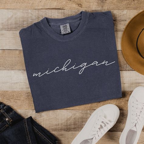 Michigan Script Comfort Colors Tee, Simple Minimalist State Tshirt, Vintage Feel Michigan Tee State Tshirt, Michigan Adventures, The Great Lakes, Comfort Colors Tee, Script Font, Center Stage, Great Lakes, Versatile Style, Casual Wardrobe