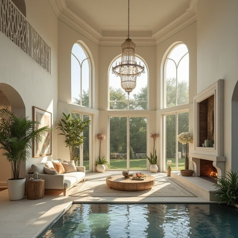 dream house living room #AI with pool, large windows, arches, high ceilings, lots of natural light, lush garden Sunroom With Arched Windows, Lots Of Natural Light, Dream House Living Room, House Living Room, Windows Exterior, Living Room Windows, High Ceilings, Arched Windows, Eco House