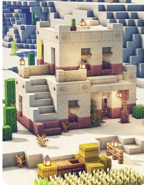 Desert Starter House Minecraft, Sandstone Houses Minecraft, Sand Minecraft Houses, Minecraft Sandstone Builds, Minecraft Desert Horse Stable, Sand Village Minecraft, Minecraft Mesa Base, Mesa Builds Minecraft, Minecraft Sand Builds