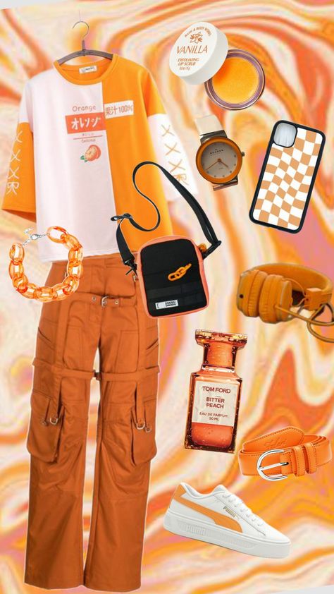 #orange #orangeaesthetic #outfit #orangemoodboard #outfitcheck #style #inspo #monochrome #orangecollage Orange Theme Outfit, Orange Outfit Ideas Casual, Orange And White Outfits, Orange Black Outfit, Orange Clothing, Waddle Dee, Orange Fits, Orange Soda, Orange Outfit