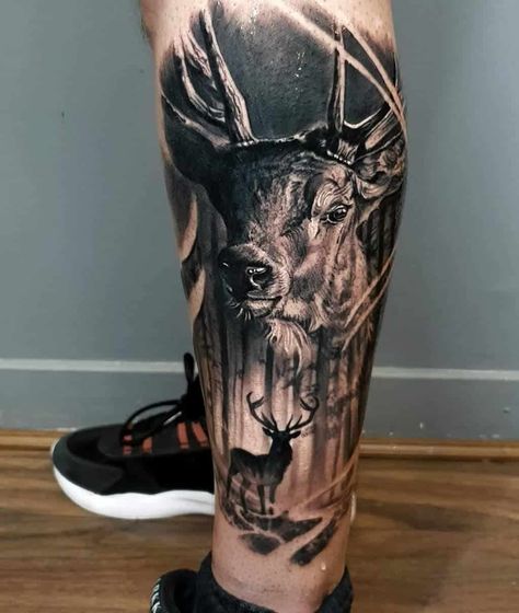 Deer Skull Sleeve Tattoo, Stag Tattoo Men, Deer Tattoo Men, Bow Hunting Tattoos, Deer Hunting Tattoos, Cool Animal Tattoos, Natur Tattoo Arm, Deer Tattoo Designs, Animal Tattoos For Men