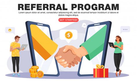 Refer a friend or referral marketing con... | Premium Vector #Freepik #vector People Shaking Hands, Friends Vector, Friend Illustration, Friend Referral, Business Stock Images, Referral Marketing, Shaking Hands, Friends Illustration, Refer A Friend