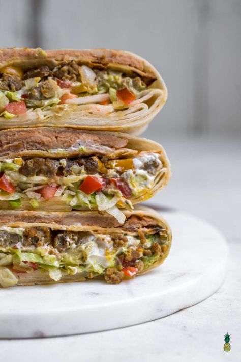 Vegan Crunch Wrap Supreme, Vegan Crunch Wrap, Vegan Crunchwrap, Vegan Nacho Cheese Sauce, Vegan Refried Beans, Vegan Nacho Cheese, Taco Bell Copycat, Hotdog Sandwich, Vegan Nachos Cheese