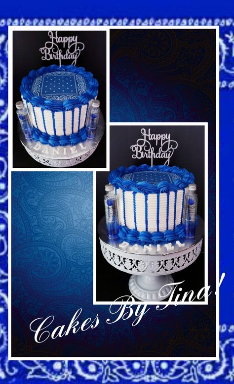 Blue bandana cake! Crip Gang Party Theme, Crip Gang Birthday Cake, Blue Bandana Cake Ideas, Bandana Cake Ideas, Blue Bandana Cake, Bandana Cake, Chola Party, Bae Birthday, Alcohol Birthday Cake