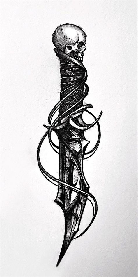 Knife Tattoo, Skull Art Drawing, Muster Tattoos, Creepy Tattoos, Geniale Tattoos, Gothic Tattoo, Warrior Tattoo, Dark Art Tattoo, Tattoo Style Drawings