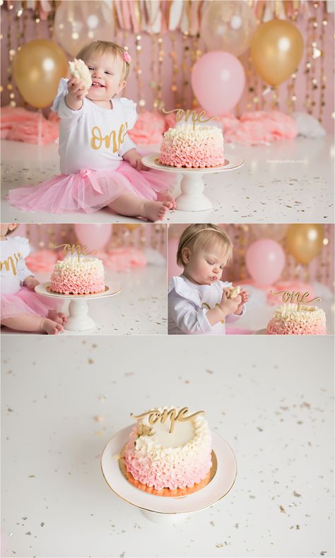 baby girl pink and gold cake smash Cake Smash Cakes, Babyshoot Ideas, 1sr Birthday, Pink Smash Cakes, Baby Smash Cake, Smash Cake Ideas, Pink And Gold Cake, Girls First Birthday Cake, Cake Smash Inspiration