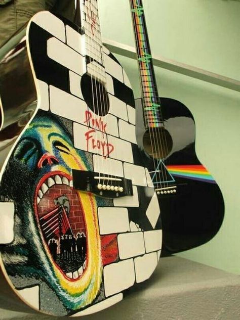 The Wall and Dark Side of the Moon Pink Floyd Guitar, Pink Floyd Art, Guitar Painting, Musica Rock, David Gilmour, Musical Art, Rock N’roll, Axl Rose, Beautiful Guitars