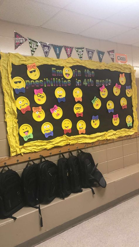 Emoji bulletin board back to school Emoji Bulletin Board, Emoji Classroom Decor, Emoji Classroom Theme, Emoji Room, Class Charter, Classroom Door Displays, Emoji Ideas, School Exhibition, Teacher Themes