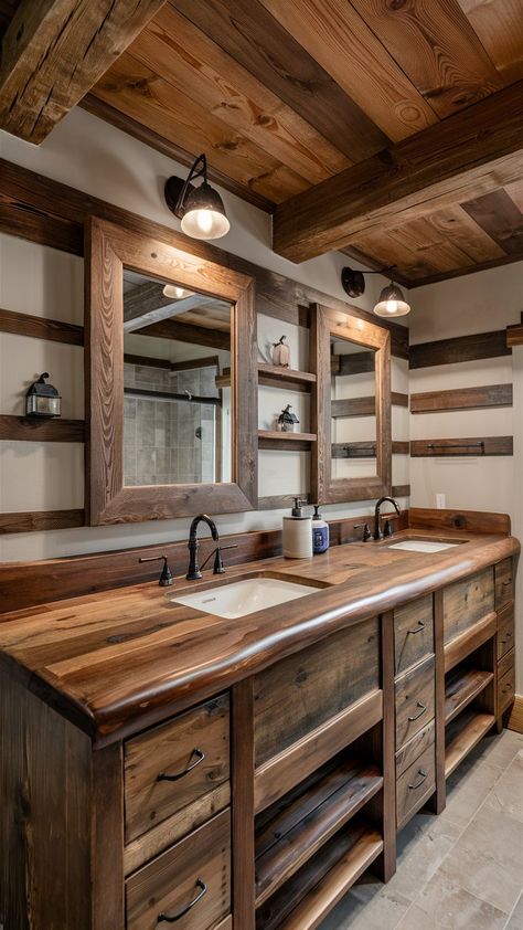 13 Charming Farmhouse Bathroom Ideas – Balanced Home Living Rustic Bathroom Designs Farmhouse Style Master Bath, Barn House Bathroom, Rustic Double Vanity Bathroom, Rustic Bathroom Designs Farmhouse Style, Dark Wood Bathroom Vanity Farmhouse, 80s Living Room Decor, Barnwood Bathroom Cabinet, Rustic Bathroom Sinks, Rustic Fatmhouse Bathroom Vanity With Makeup Area