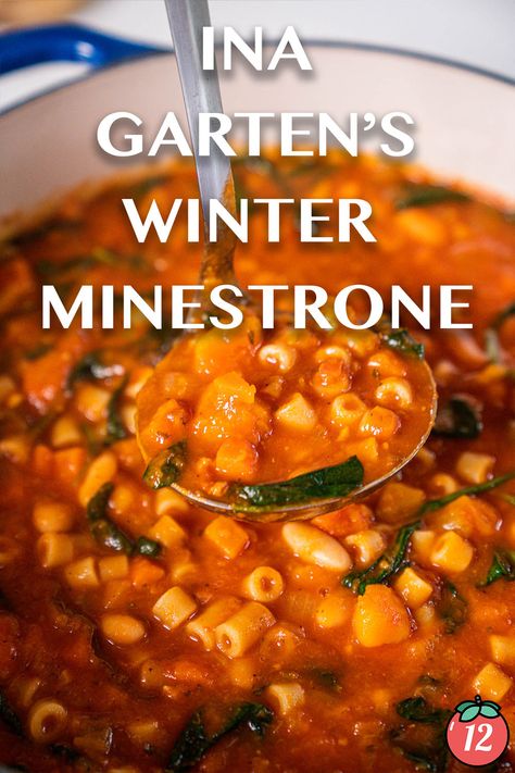 Ina Minestrone Soup, Ina Garten Winter Minestrone Soup, Winter Minestrone Soup Barefoot Contessa, Ina Garten Minestrone Soup, Minestrone Recipe, Winter Minestrone, Ina Garden, Avgolemono Soup, Pesto Spinach