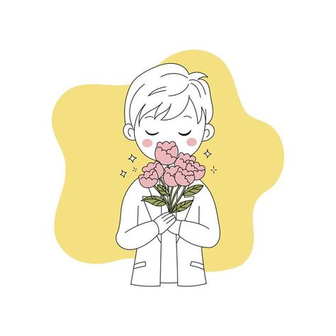 Cute boy holding a bouquet of flower ha... | Premium Vector #Freepik #vector #flower #love #hand #character Daisy Flower Drawing, Minimal Cake, Flower Man, Flower Bouquet Drawing, Hands Holding Flowers, Couple Poses Drawing, Flower Boquet, Holding A Bouquet, Balloon Cartoon