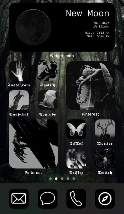 gothic themed homescreen #goth #gothic #alternative #darkacademia #icons #raven #darkwallpaperiphone #aesthetic #aestheticwallpaper Gothic Widgetsmith Ideas, Gothic Iphone Theme, Gothic Homescreen Layout, Gothic Ios14 Homescreen, Gothic Iphone Layout, Spooky Phone Theme, Gothic Phone Layout, Gothic App Icons Aesthetic, Gothic Home Screen