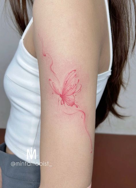 Abstract Butterfly Tattoo, Butterfly Arm Tattoo, Brother And Sister Tattoo Ideas, Butterfly Tattoos On Arm, Abstract Tattoo Ideas, Feminine Skull Tattoos, Pink Tattoo, Tattoo Butterfly, Red Ink Tattoos