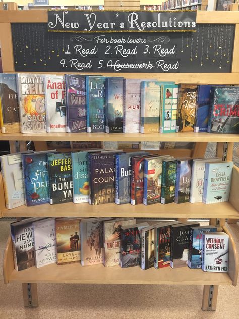 December-January display - New Year’s Resolutions for book lovers Library Book Displays December, January Book Displays Library, January Book Display, December Book Displays, Christmas Library Display, Bookshop Ideas, January Events, Readers Advisory, School Library Book Displays