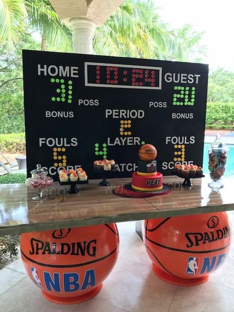 Basketball Themed Parade Floats, Basketball Game Birthday Party, Basketball Party Diy Decor, Basketball Party Table Decorations, Nba Basketball Party Ideas, Sports Birthday Decorations, Diy Basketball Decorations, Basketball Pool Party, Basketball 3rd Birthday Party