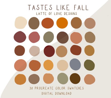 Procreate color palettes are a perfect way to keep cohesive colors organized right at your finger tips while using the procreate app. This is a handpicked color palette made up of my favorite hand picked fall inspired color swatches. After purchase you'll download the file from a web browser (safari, chrome, etc.) NOT the Etsy app. Once files are down slides and you open the file the palette will automatically import into procreate. You will find this palette ready to go in your procreate palett Fall Color Pallet, Procreate Color Palettes, Fall Color Schemes, Procreate Color Palette, Fall Palette, Color Schemes Colour Palettes, Fall Things, Fall Color Palette, Color Palette Design