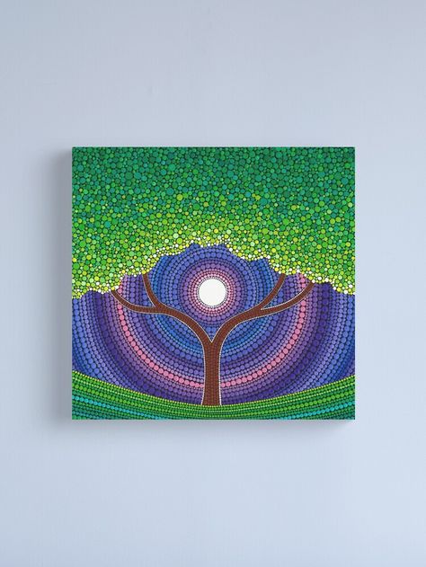 "Happy Tree of Life" Canvas Print by ElspethMcLean | Redbubble Elspeth Mclean, Tree Of Life Painting, Acrylic Painting Inspiration, 1st Apartment, Moon Art Print, Happy Tree, Life Poster, Dot Art Painting, Mandala Painting