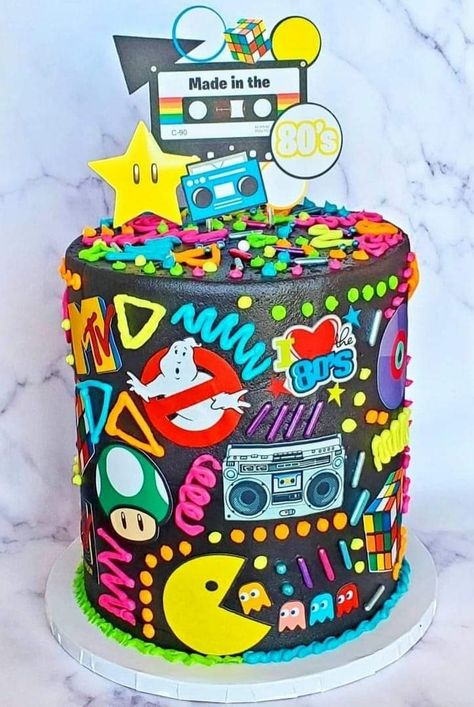 90s Neon Birthday Cake, 80s 90s Birthday Cake, 80s Surprise Party Birthday Ideas, Back To The 90s Birthday Cake, 90s Party Birthday Cake, 90 Theme Cake Ideas, 80s Inspired Birthday Cake, 1980s Theme Cake, 90s Theme Party Cake