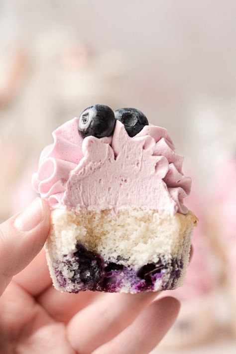 High Altitude Blueberry Cupcakes - Curly Girl Kitchen Blueberry Vanilla Cupcakes, Blueberry Cupcake Recipes, Recipes With Blueberries, Blueberry Party, Blueberry Buttercream, Blueberry Cupcake, Blueberry Frosting, The Best Cupcakes, High Altitude Baking