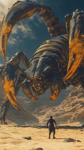 ↑↑↑ Larger size on website 🔸 A giant, monstrous scorpion looms over a lone figure standing on a sandy desert plain. The scorpion Giant Scorpion, Barren Landscape, Sandy Desert, Dark Clothing, Fluffy Clouds, Dark Outfits, Scorpion, Large Size