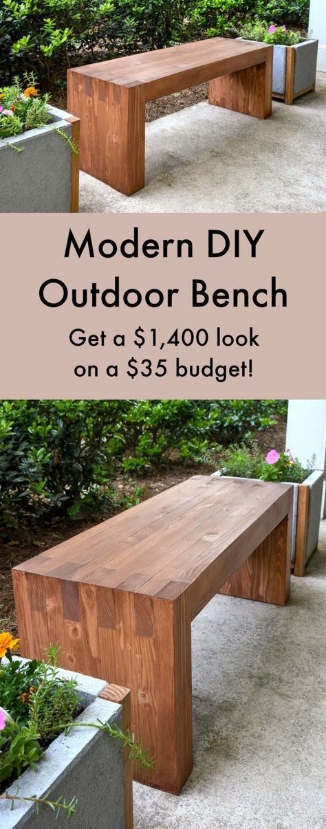 This easy modern DIY outdoor bench was made with $35 of materials - and uses no nails or screws! Diy Outdoor Bench, Diy Bench Outdoor, Diy Bench, Have Inspiration, Diy Holz, Woodworking Bench, Woodworking Ideas, Modern Diy, Outdoor Bench