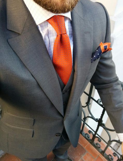 Orange Tie Outfit Men, Grey Suit Orange Tie, Mens Tailor, Grey Suit, Mens Attire, Orange Tie, Fashion Menswear, Sharp Dressed Man, Suit Shirts