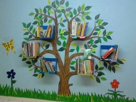 Corner Shelves Ideas, Corner Shelving Ideas, Plants Decoration Ideas, Corner Shelves Living Room, Reading Tree, Tree Bookshelf, Paper Crafts Magazine, Shelves Ideas, School Murals