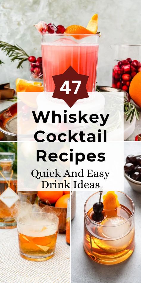 Mix up your drink routine with 47 simple and delicious whiskey cocktails! Whether you're a whiskey connoisseur or new to the spirit, these recipes offer something for every taste. Click to uncover a variety of easy-to-make whiskey drinks! Drinks With Jack Daniels, Easy Drink Ideas, Scotch Whiskey Cocktails, Hard Cider Cocktail, Whiskey Mixed Drinks, Whiskey Cocktails Easy, Cherry Whiskey, Whiskey Lemonade, Spiked Hot Chocolate