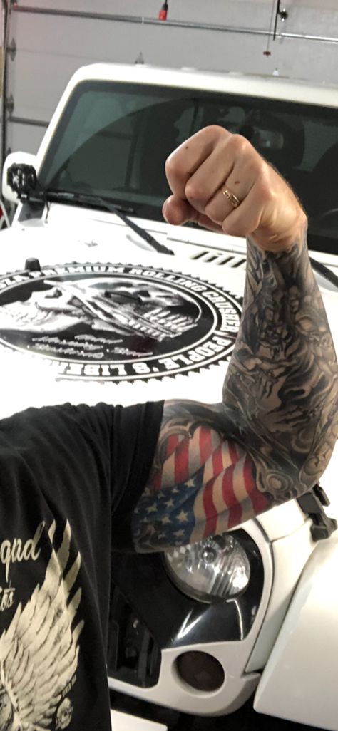 American flag tattoo American Flag Inner Bicep Tattoo, Diesel Tattoo Ideas, Matthew Tattoo, Tattoo Forearm Sleeve, Usa Flag Tattoo, John Tattoo, American Flag Sleeve Tattoo, James Tattoo, America Tattoo