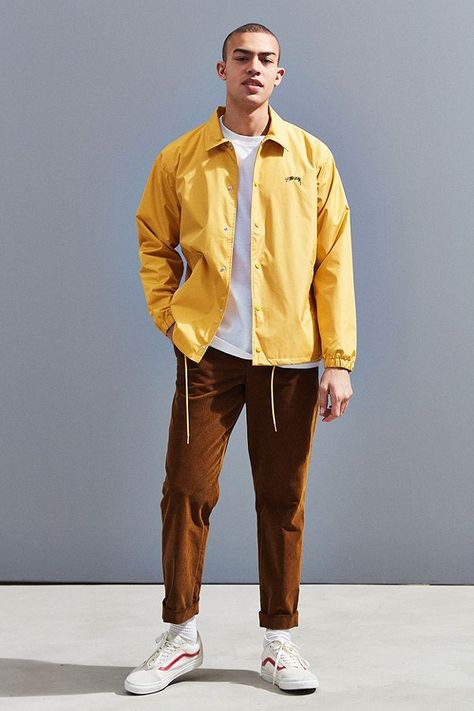 Slide View: 6: Stussy Cruize Coach Jacket Ootd Coach Jacket, Mens Yellow Outfit, Yellow Shirt Outfit Men Casual, Coaches Jacket Outfit, Yellow Jacket Outfit Men, Uniqlo Jacket Outfit, Coach Jacket Outfit Men, Coach Jacket Outfit, Yellow Outfit Men