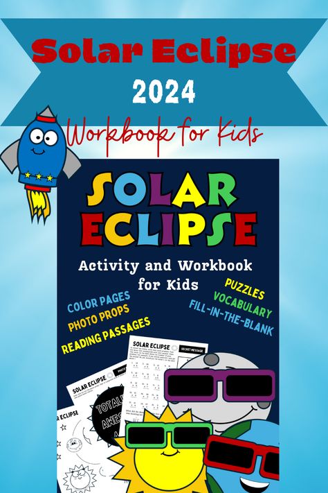 Prepare for the April 8, 2024 Solar Eclipse with the Solar Eclipse Activity and Workbook for Kids. Filled with vocabulary practice, reading comprehension along with fun puzzles and coloring pages. Solar Eclipse Kids, Eclipse Activities, Solar Eclipse Activity, Activity Workbook, Vocabulary Practice, Word Puzzles, Secret Messages, Reading Passages, Solar Eclipse